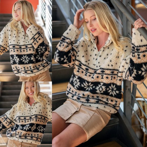 NEW Cream Aztec Sherpa Half Zip Pullover Sweater - Picture 2 of 10